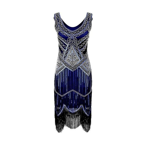 ✨💙 Flapper Great Gatsby 1920s Retro Tassel Fringe Sequin Blue Dress XL NWT - Picture 7 of 12